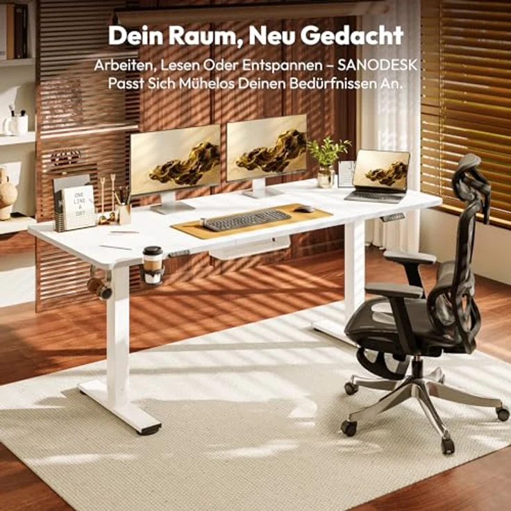SANODESK Höhenverstellbarer Schreibtisch 160x60 cm mit Memory-Funktion, Elektrischer Steh-Sitz Tisch für Heimbüro, Ergonomischer Computertisch mit Modernem Design und Vierteiliger Tischplatte, Weiß – Bild 4