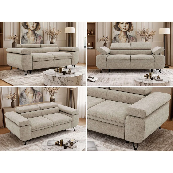 2-Sitzer Polstercouch PETER mit verstellbaren Armlehnen und Kopfstütze, Gepolsterte Couch, Wellenfeder - Beige Struktur – Bild 2