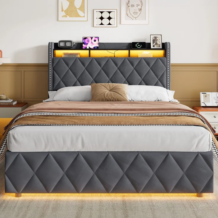 Polsterbett 140x200 cm mit Stauraum, LED und USB-Anschlüssen, Dunkelgrau – Ohne Matratze – Bild 2