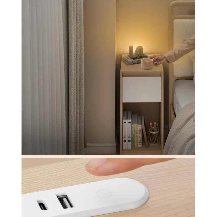 VASAGLE Nachttisch 2er Set, schmal, Beistelltisch, LED-Beleuchtung, 1 USB-A-Anschluss, 1 USB-C-Anschluss, Schublade, offenes Fach, für Schlafzimmer, Wohnzimmer, mandelgelb-wolkenweiß LETDE710Y01 – Bild 5
