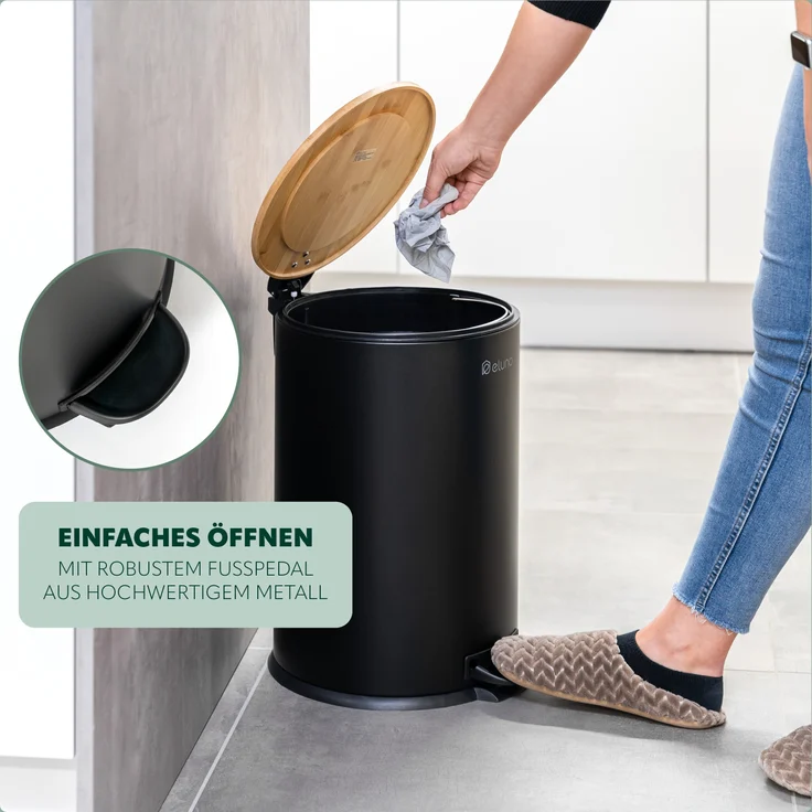 eluno Abfalleimer, Treteimer, 20 Liter Fassungsvermögen aus Bambus und schwarzem Metall – Bild 4