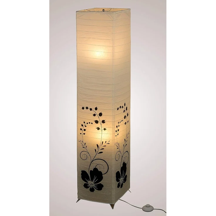 TRANGO LED Stehlampe, 1210L Design LED Standlampe *GREECE* Reispapierlampe *HANDMADE* in weiß mit floralem Motiv I inkl. 2x E14 LED Leuchtmittel I Form: eckig I Höhe: ca. 125cm, Wohnraumlampe I Stehleuchte I Reispapier – Bild 5