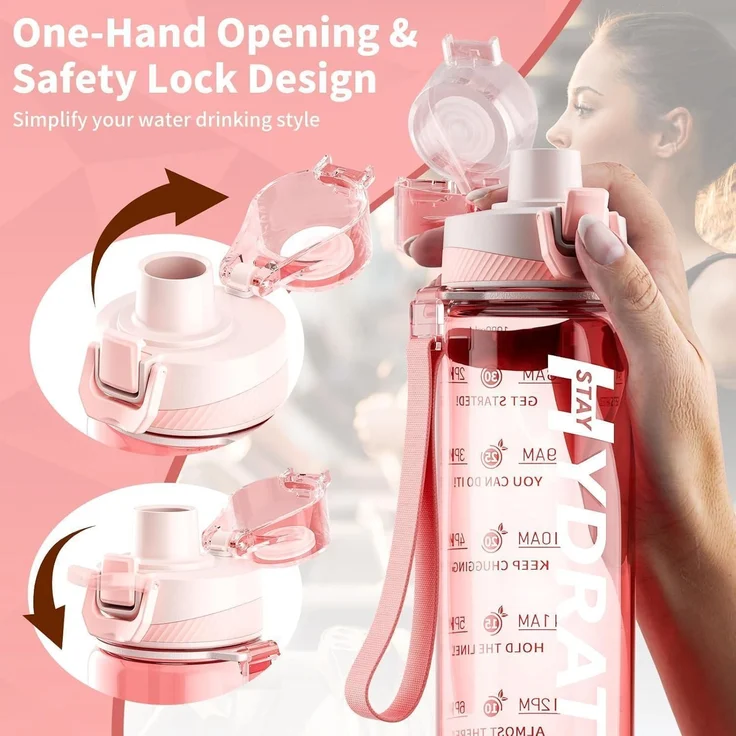 Mevoly Trinkflasche 1L BPA-Frei Tritan Sport Zeitmarkierung Rosa – Bild 5