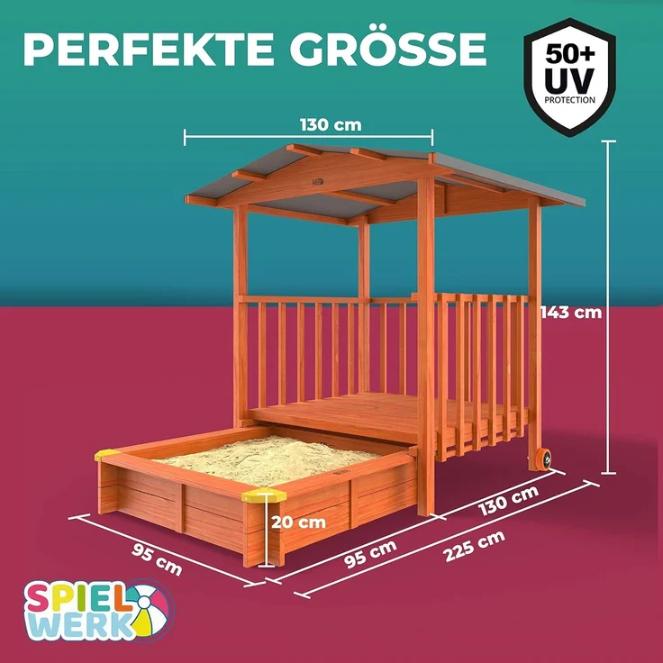 Spielwerk Sandkasten 'Merle' mit Dach und Veranda, Fichtenholz braun, 130 x 225 x 143 cm – Bild 8
