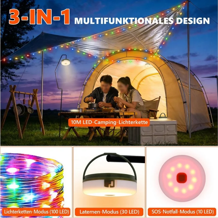 OZAVO LED-Lichterkette Camping Lichterkette 10M Aufrollbare 3-in-1 LED Lichterkette, 100-flammig, mit Fernbedienung & Timer&3 Modi,Solar und USB-Aufladung – Bild 2