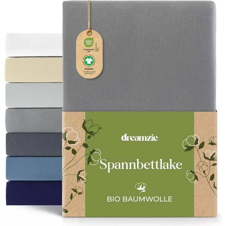 Dreamzie Premium Spannbettlaken 120x200 cm bis 130x200 cm Anthrazit, Spannbetttuch aus 100% Jersey Biobaumwolle, 150 g/m² - Oeko-TEX