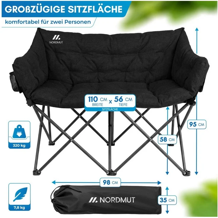 Nordmut Campingstuhl Campingsofa Klappbar 2 Personen 360 kg gepolstert mit Tragetasche (bis 360 kg belastbar mit Stahl Aluminium Rahmen), wetterfest klappbar mit Tragetasche & Seitentaschen – Bild 2