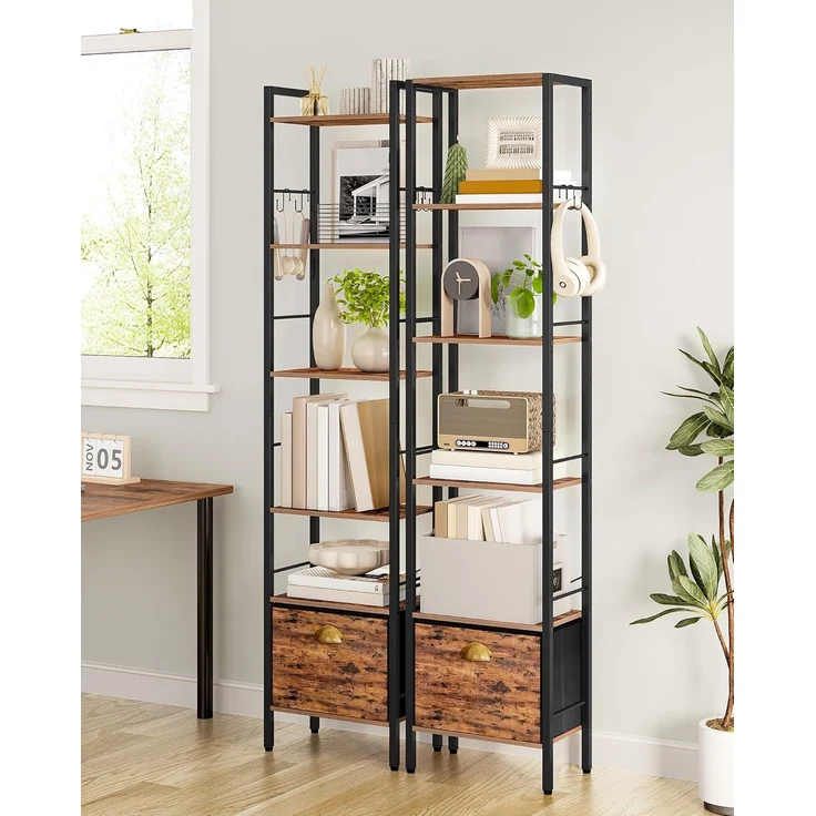 Bücherregal, 6 vertikale Regale mit 1 Zusammenklappbare Stoffschubladenund 4 Haken, offene Regale, Metallrahmen, geeignet für Arbeitszimmer, Wohnzimmer Vintagebraun-Schwarz – Bild 4