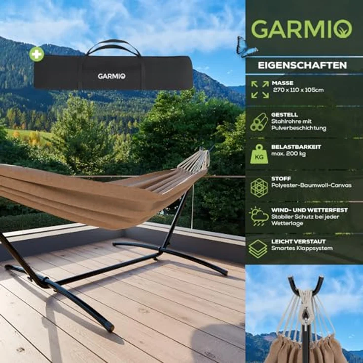 GARMIO Hängematte mit Gestell, 200kg Belastbarkeit, klappbar, inkl. Zubehör & Tragetasche, in Braun, 270x110x105cm – Bild 2