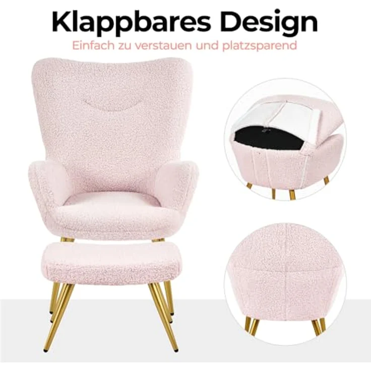 Yaheetech Ohrensessel mit Hocker Polyester-Bezug, Fernsehsessel Armlehnensessel Polstersessel Relaxsessel Cocktailsessel Teddy-Plüsch Stilvolles Design Rosa – Bild 8