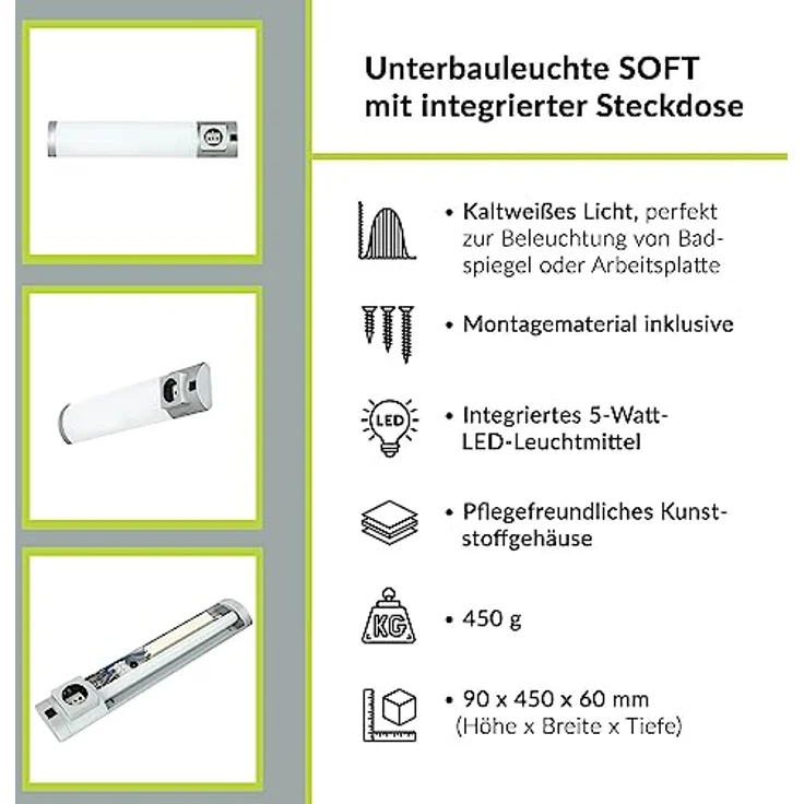 Licht-Erlebnisse Wandleuchte SOFT, LED fest integriert, Kaltweiß, Unterbauleuchte mit Steckdose Schalter Bad Küche Wandlampe – Bild 4