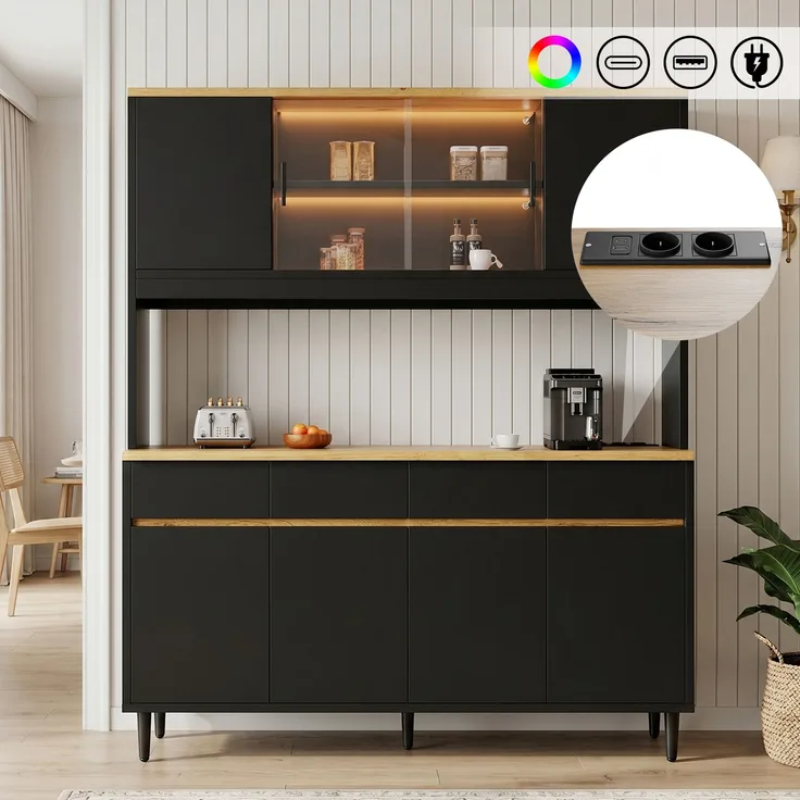 Buffetschränke, Esszimmer-Hochschrank 160*40*185 cm, mehrstufigem Stauraum, integrierter Steckdose sowie USB-C- und USB-A-Anschlüssen,Mit farbigem Lichtstreifen, Schwarz + Eiche