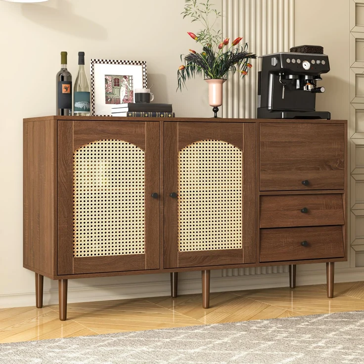 Abrihome Sideboard im Landhausstil mit Rattantüren, Braun, 75x40x130 cm – Bild 5