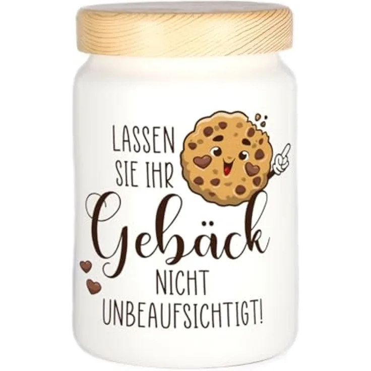 Herz & Heim Keksdose mit lustigem Aufdruck - Vorratsdose für Kekse & Gebäck, Keramik, mit Holzdeckel
