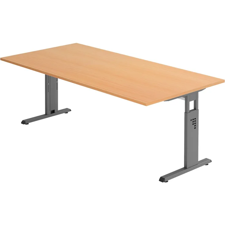 bümö höhenverstellbarer Schreibtisch O-Serie 200x100 cm in Buche, Gestell in Graphit - großer PC Tisch für's Büro manuell höhenverstellbar, Computertisch verstellbar, OS-2E-6-G
