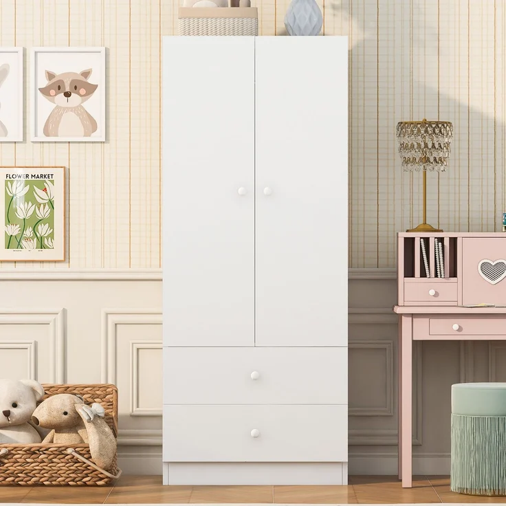Kleiderschrank 70 x 40 x 170 cm in Rosa und Weiß mit Hängebereich und zwei Schubladen – Bild 3