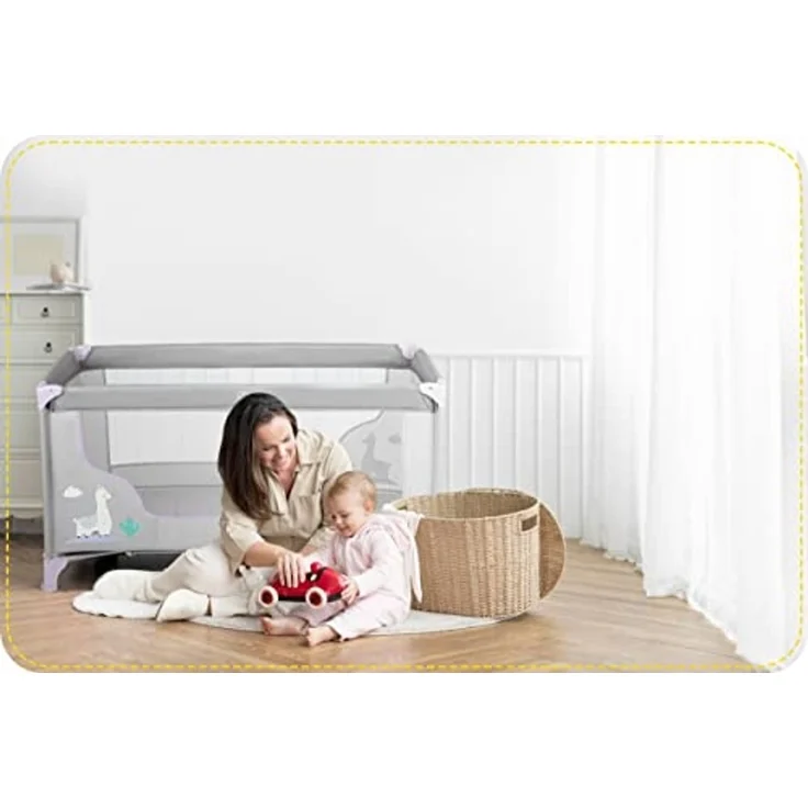 Ricokids Reisebett Baby Mit Matratze 125 x 65 x 78 cm Kinderreisebett Babybett Bis 15 kg 2 Räder Mit Bremsen Abnehmbarer Seiteneingang Transporttasche Faltbar Kompakt Hellgrau Lavendel – Bild 5