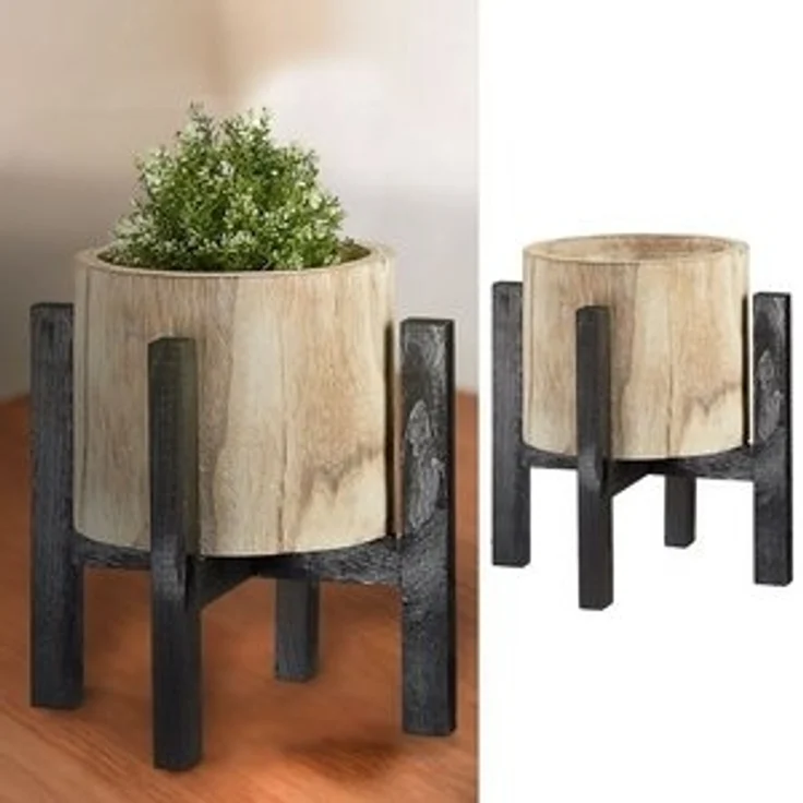 CEPEWA Blumentopf Blumentopf mit Ständer Holz natur schwarz 37x39cm Topf auf Füßen – Bild 6