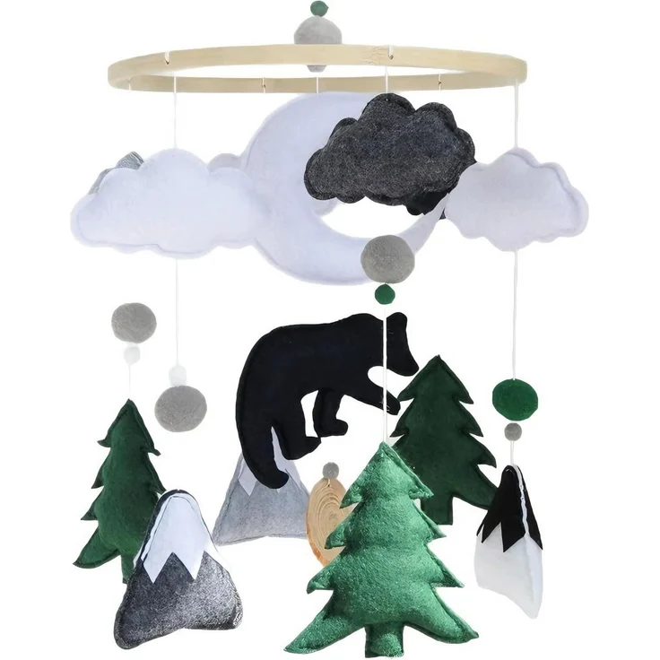 Herfair Natur Waldtiere Baby Mobile mit Filzbällen,Baby Windspiele Tiere | Bär Bergen Tannenbäumen Mobile Baby Wickeltisch, Mobile Babybett Kinderzimmer Babyzimmer Deko,Geschenk für Baby