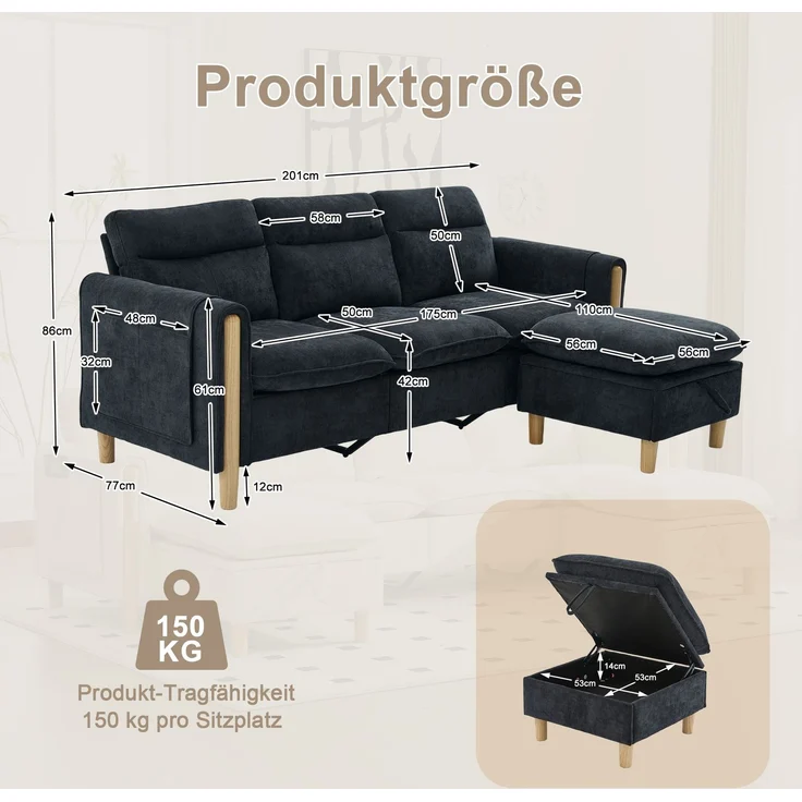 EINHOM Dreisitzige Sofagarnitur im nordischen Stil mit Aufbewahrungshocker, L-förmiges Stoffsofa mit Seitentaschen und Tischbeinen aus Holz, ideal für Wohnzimmer und kleine Räume(Schwarzer Chenille) – Bild 2