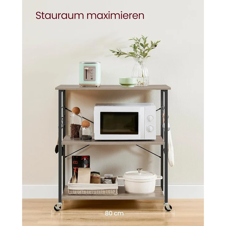 VASAGLE Küchenregal auf Rollen, Servierwagen, 3 Ebenen, Küchenwagen, für Mini-Backofen, Mikrowellen, Metallrahmen, 6 Haken, 40 x 80 x 89 cm, Greige meliert-tintenschwarz KKS067K02 – Bild 3