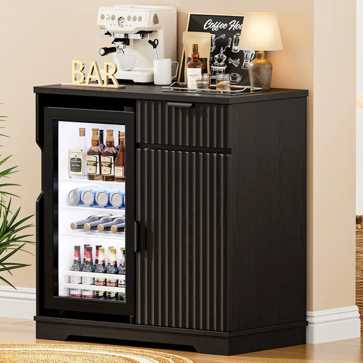 Weinschrank Barschrank mit 92L Kühlschrank, Schublade und Riffeldesign, Schwarz