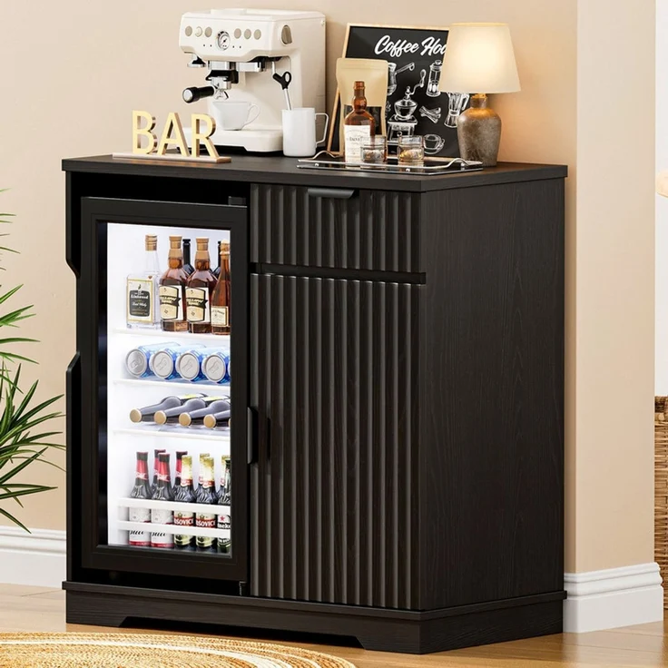Weinschrank Barschrank mit 92L Kühlschrank, Schublade und Riffeldesign, Schwarz – Bild 1