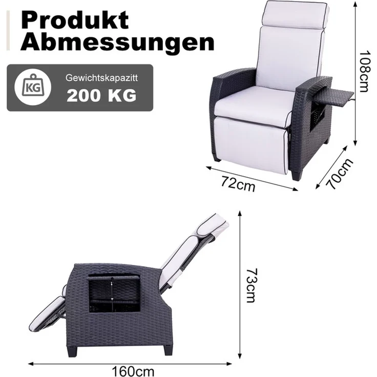 HOMAVO Gartensessel Rattansessel mit verstellbarer Rückenlehne, praktischem Ablagetisch, Maximale Belastung 200 kg, Legierung Stahlrahmen, wetterfest, mit Fußstütze, manuelle Verstellung – Bild 10