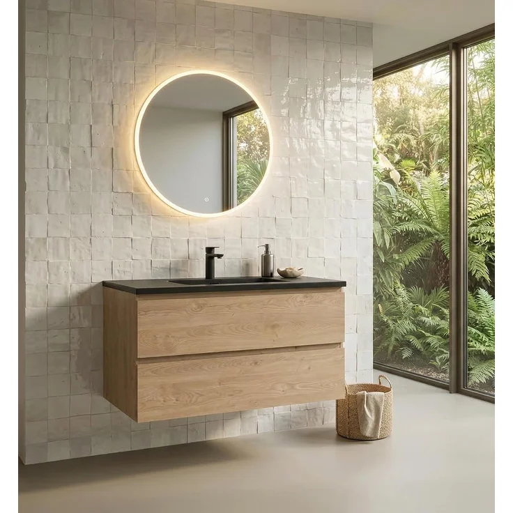 Badplaats Badezimmermöbel-Set Angela 100 cm – Kastanien Eiche – Badezimmermöbel mit Schwarzem Waschbecken – Bild 3