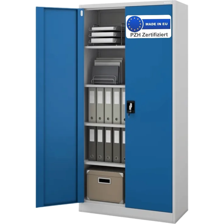 Aktenschrank abschließbar KADO - 5 Ebenen verstellbar, Flügeltüren | Metallschrank Werkstatt Mehrzweckschrank Büroschrank aus Stahl Werkzeugschrank, 185x90x40cm Grau-Blau