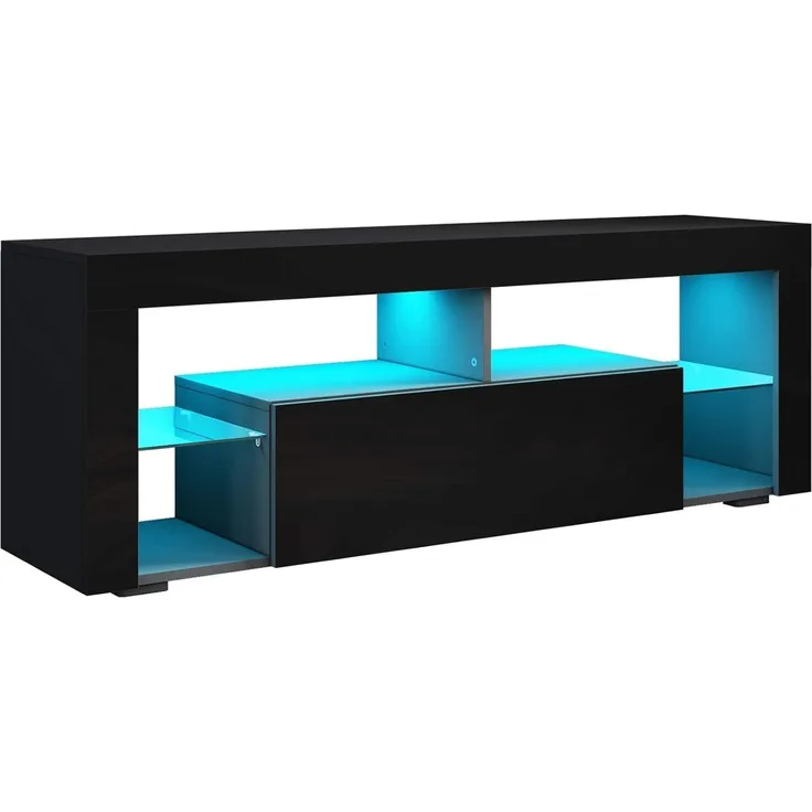 SONNI Lowboard Schwarz, TV Board Hochglanz, mit LED Beleuchtung(12 Farben können eingestellt Werden), mit Klapptür, mit Glasregal, Griffloses Design, 140 x 35 x 50. 5 cm