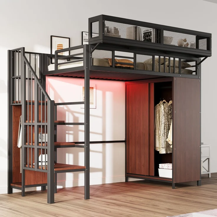 EINHOM Metall-Hochbett 90 x 200 cm mit Kleiderschrank, Sicherheitsleiter, LED-Beleuchtung und Schutzgittern aus Netzgewebe mit Abnehmbaren Regalen, Schwarz (Ohne Matratze) – Bild 1