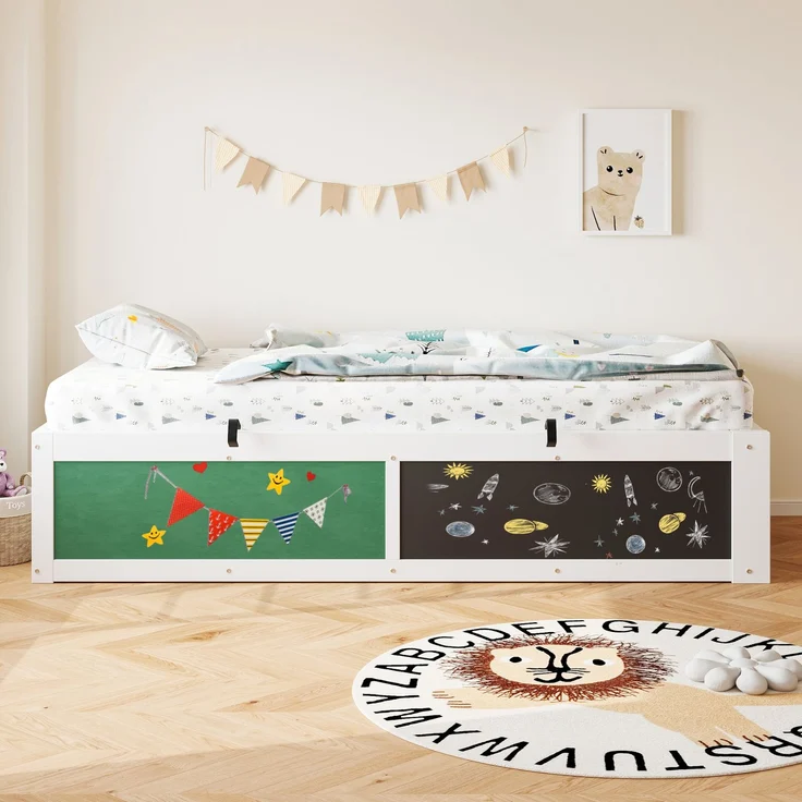 EINHOM Holzbett 90 x 200 cm, Holz, mit Hydraulischer Verstellung, Schreibplatte und Filzbezogener Oberseite, mit Stauraum für Bücher, Links/Rechts Montierbar, Einzelbett, Kinderbett, Weiß, (Ohne Matratze) – Bild 4