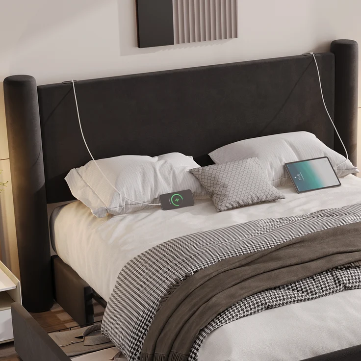LVHOM Polsterbett 140x200cm Bettgestell, Doppelbett/Stauraumbett/Funktionsbett, Samt, dick gepolstertem Kopfteil, 2 praktischen Stauraumschubladen, integrierten USB-Anschlüssen – Bild 8