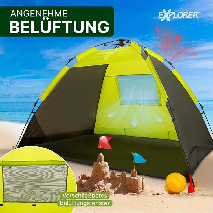 EXPLORER XXL Automatik Strandmuschel mit UV Schutz 80+ [220 x 150 x 130 cm] kleines Packmaß leicht und schnell in Sekunden aufgebautes Strandzelt Sonnenschutz Muschel automatisch Windschutz grün – Bild 3