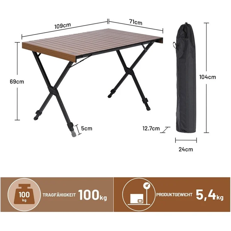 TIMBER RIDGE Campingtisch Klappbar Tisch, 100 kg Tragkraft & höhenverstellbar Ultraleichtes Alu (1-St), aus rostfreiem Aluminium, 109x71×69cm – Bild 3