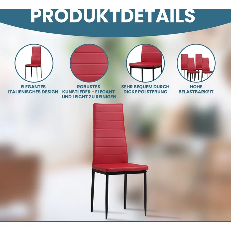 Albatros Esszimmerstühle MILANO 6er Set, Rot - Polsterstuhl mit Kunstleder-Bezug, Modernes Stilvolles Design am Esstisch - Küchenstuhl oder Stuhl Esszimmer mit hoher Belastbarkeit bis 110kg – Bild 2