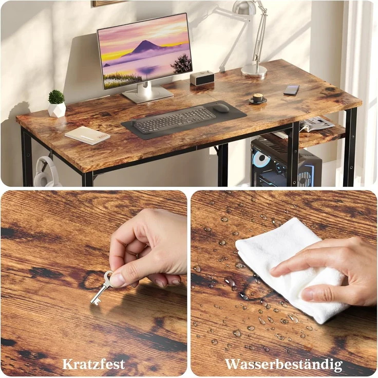 JUMMICO Schreibtisch 120cm mit Regalen, Tisch mit Stauraum, stabile Stahlkonstruktion – Rechts- oder Linksschreibtisch – Rustikales Braun – Bild 7