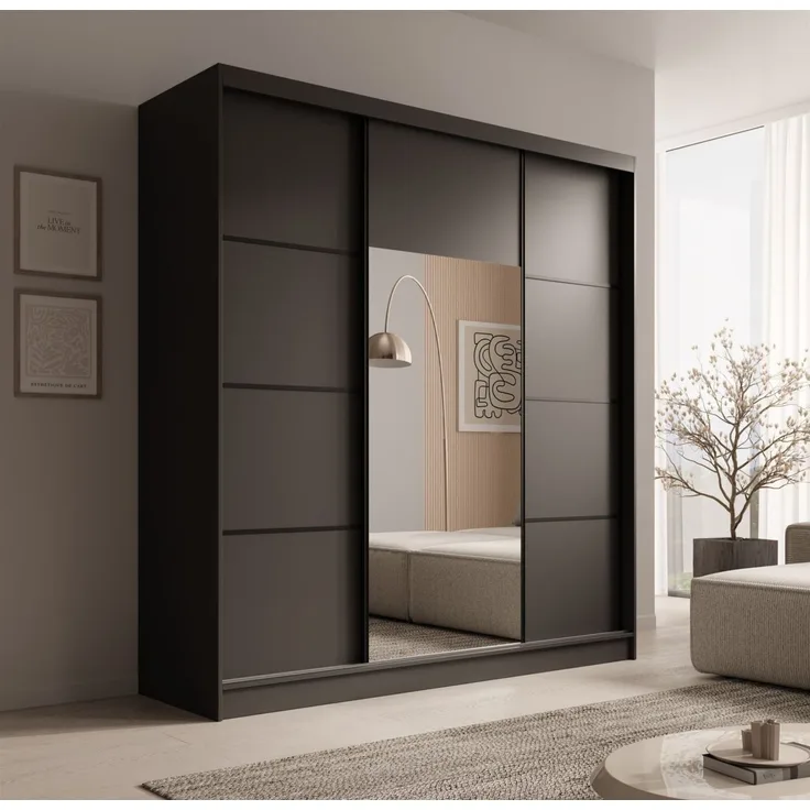 Schiebetürenschrank Schrank ALFA in Schwarz- Tür Applikation Schwarz 200x215x61 cm