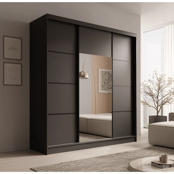 Schiebetürenschrank Schrank ALFA in Schwarz- Tür Applikation Schwarz 200x215x61 cm – Bild 1