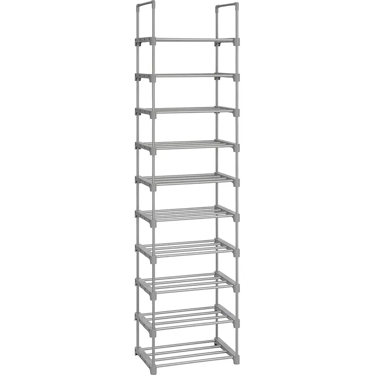 SONGMICS Schuhregal mit 10 Ebenen, offener Schuhschrank hoch, Schuhständer schmal, Schuhaufbewahrung, aus Metall, platzsparend, für Ankleidezimmer, Flur, 30 x 45 x 174 cm, grau