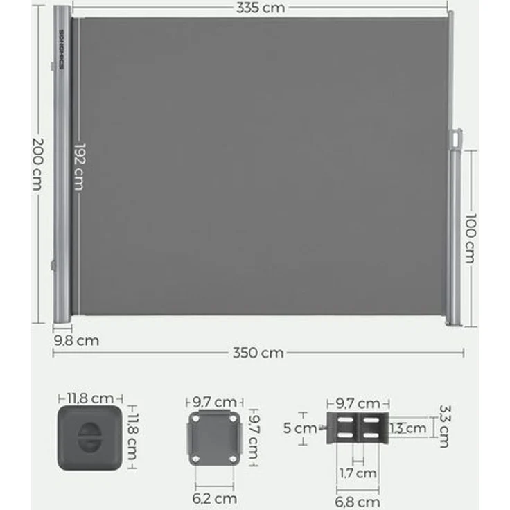 SONGMICS Alu-Seitenmarkise, ausziehbar, blickdicht, Grau, 200x350 cm – Bild 2