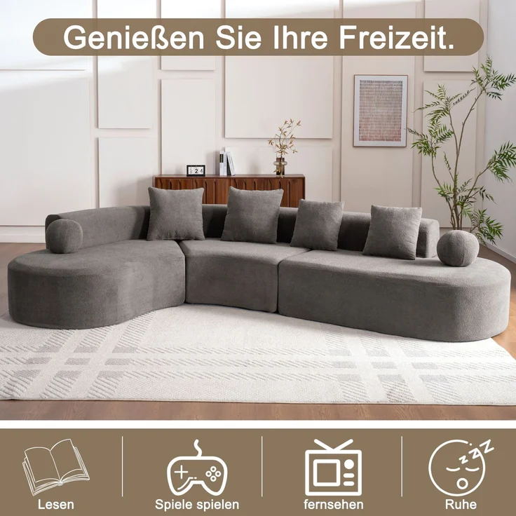 Ecksofa 327x215x80 cm in Grau, Chenille, mit 7 cm Sitzpolster, großzügigem L-Design und 4 Kissen – Bild 7