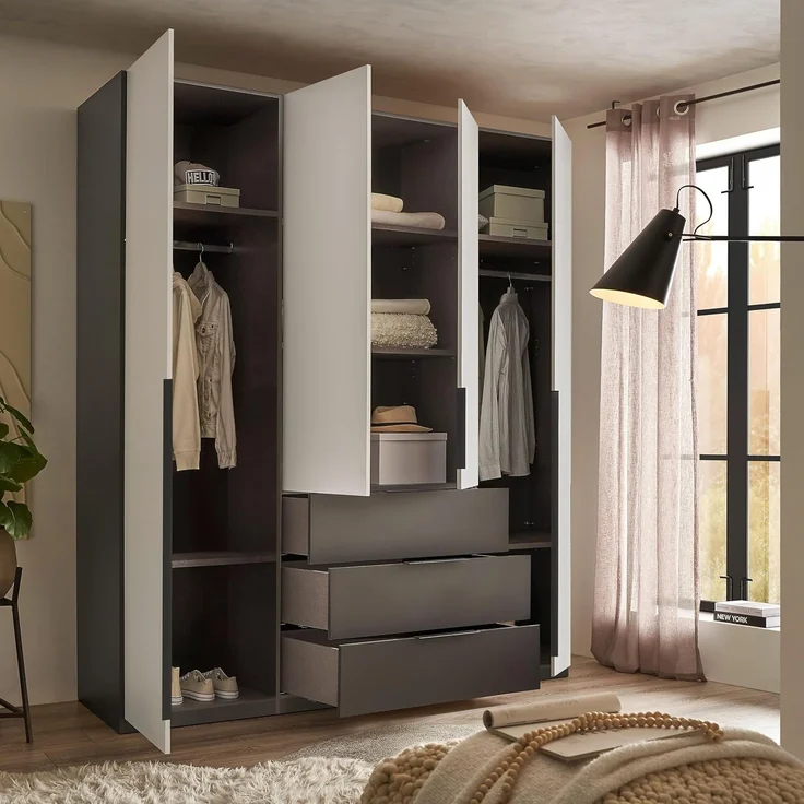 Stella Trading Nuka Kleiderschrank in Hellgrau, Graphit - Vielseitiger Drehtürenschrank 4-türig für Ihr Schlafzimmer - 201 x 226 x 60 cm (B/H/T) – Bild 4