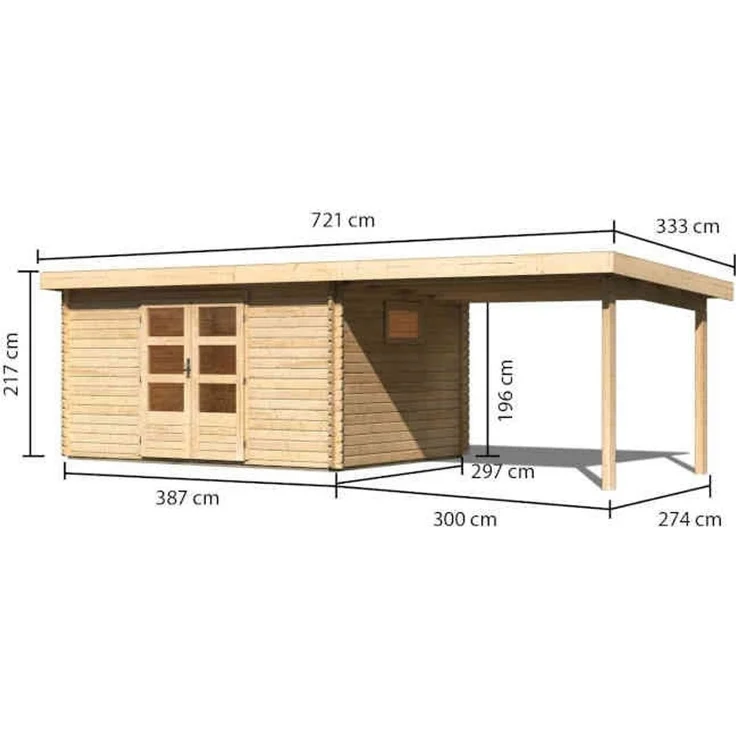 Blockbohlengartenhaus Trittau 5 - 669x297 cm mit Anbaudach 3,30 m, 38 mm Holz naturbelassen, Karibu – Bild 2