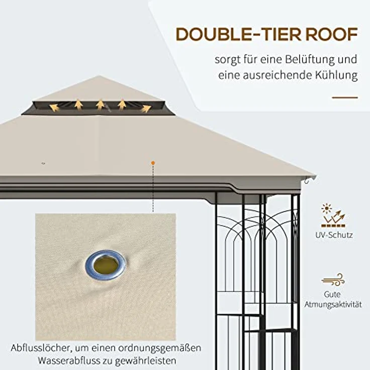 Outsunny Gartenpavillon mit Doppeldach, 4 abnehmbare Seitenwände, pulverbeschichteter Metallrahmen, Beige, 2,99 x 2,99 x 2,74 m – Bild 3