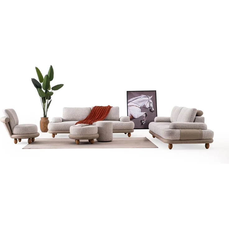 Sitzgruppe/Sofa Set - Wohnzimmergarnitur "Magnolia" 3+3+1 + Hocker-Beige – Bild 2