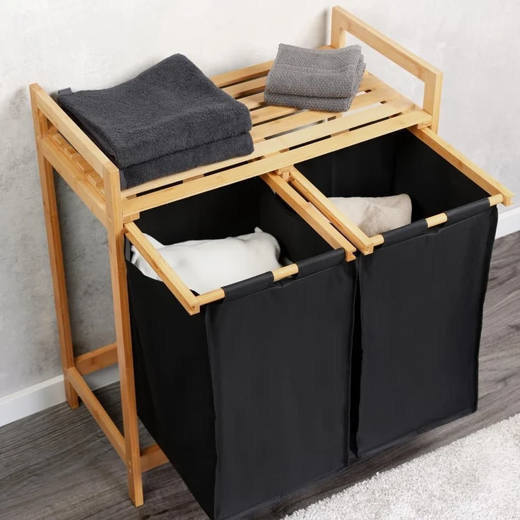 KESPER® Wäschesortierer Wäschesammler, Bambus, FSC, mit 2 Auffangtaschen für Wäsche – Bild 3