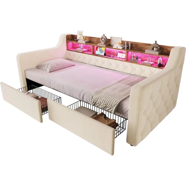 Polsterbett 90x190 cm in Beige mit LED, Ablagefläche und 2 Schubladen – Ohne Matratze – Bild 10