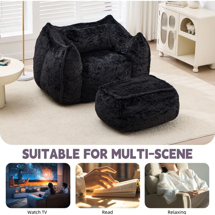 Riesiger Sitzsack für Erwachsene und Kinder, Sitzsack-Sofa mit Kunstfellbezug, Kissen und Hocker, bequemes Lese- und Spielsofa für Schlaf- und Wohnzimmer, Schwarz--Schwarz--123x157x73cm--YOUDENOVA – Bild 6